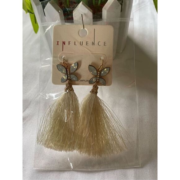 Influence Acrylic Pearl & Rhinestone Beaded Butterfly Tassel Earrings - Picture 5 of 7